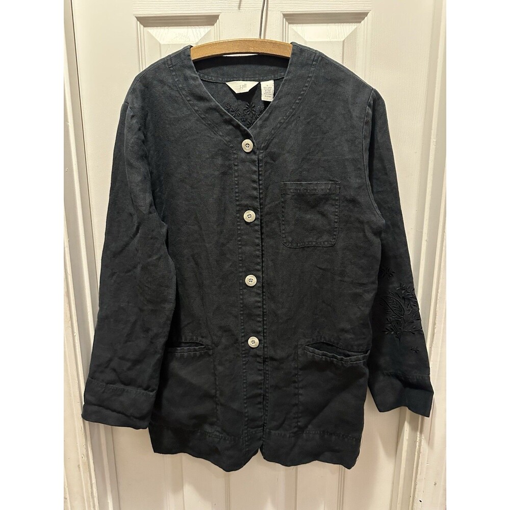 J.‎ JILL 100% Linen Embroidered Jacket Womens Size Small Black CottageCore Boho